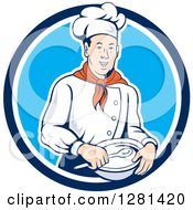 Retro Male Chef Holding A Bowl And Spoon In A Blue And White Circle
