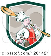 Poster, Art Print Of Happy Cartoon Chef Carrying A Giant Spoon Over His Shoulder In A Green White And Taupe Shield