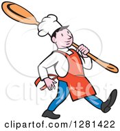 Poster, Art Print Of Happy Cartoon Chef Marching With A Giant Spoon Over His Shoulder