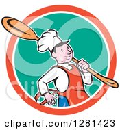 Poster, Art Print Of Happy Cartoon Chef Carrying A Giant Spoon Over His Shoulder In A Turquoise White And Orange Circle