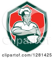 Poster, Art Print Of Retro Male Chef Holding A Mixing Bowl In A Green White And Red Shield