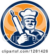Poster, Art Print Of Retro Male Chef Holding A Rolling Pin Over His Shoulder In A Blue White And Orange Circle
