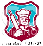 Poster, Art Print Of Retro Male Chef Holding A Rolling Pin Over His Shoulder In A Maroon White And Blue Shield
