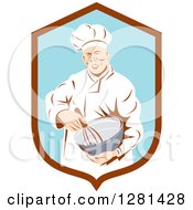 Poster, Art Print Of Retro Male Chef Holding A Whisk And Mixing Bowl In A Brown And Blue Shield