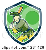 Poster, Art Print Of Cartoon Christmas Elf With A Baseball Bat In A Blue White And Green Shield