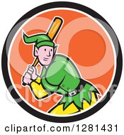 Poster, Art Print Of Cartoon Christmas Elf With A Baseball Bat In A Black White And Orange Circle