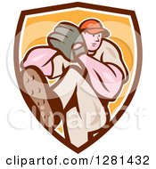 Clipart Of A Cartoon Male Baseball Player Pitching In A Brown White And Yellow Shield Royalty Free Vector Illustration by patrimonio