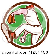 Clipart Of A Cartoon Male Baseball Player Pitching In A Brown White And Green Circle Royalty Free Vector Illustration