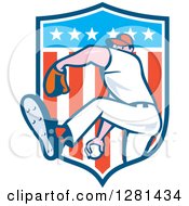 Cartoon Male Baseball Player Pitching In An American Themed Shield