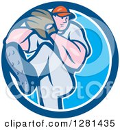 Poster, Art Print Of Cartoon Male Baseball Player Pitching In A Blue And White Circle