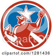 Poster, Art Print Of Retro Male Baseball Player Pitching In A Red White And Blue Star Circle
