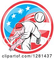 Cartoon Male Baseball Player Pitching In An American Themed Circle