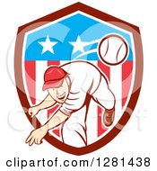 Retro Cartoon Male Baseball Player Pitching In An American Themed Shield