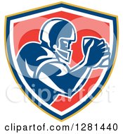 Poster, Art Print Of Retro American Football Player Holding A Ball In A Yellow Blue White And Red Shield