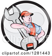 Poster, Art Print Of Cartoon Male Mechanic With His Arm Around A Giant Wrench In A Black White And Gray Circle