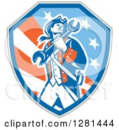 Poster, Art Print Of Retro American Revolutionary Patriot Soldier Mechanic Walking With A Spanner Wrench In A Patriotic Shield