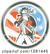 Poster, Art Print Of Retro American Revolutionary Patriot Soldier Mechanic Walking With A Spanner Wrench In A Patriotic Circle