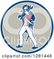 Poster, Art Print Of Retro American Revolutionary Patriot Soldier Mechanic Walking With A Spanner Wrench In A Blue White And Taupe Circle