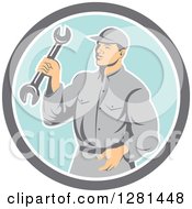 Poster, Art Print Of Retro Male Mechanic Holding A Wrench In A Gray White And Blue Circle