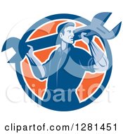 Poster, Art Print Of Retro Male Mechanic With A Giant Wrench On His Shoulders In A Blue White And Orange Circle