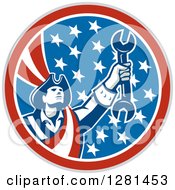 Retro American Revolutionary Patriot Soldier Mechanic Holding A Spanner Wrench In A Patriotic Circle