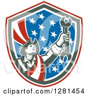 Poster, Art Print Of Retro American Revolutionary Patriot Soldier Mechanic Holding A Spanner Wrench In A Patriotic Shield