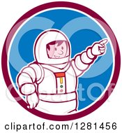 Clipart Of A Retro Cartoon Male Astronaut Pointing In A Maroon White And Blue Circle Royalty Free Vector Illustration by patrimonio