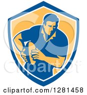 Poster, Art Print Of Retro Male Rugby Player Running In A Blue White And Yellow Shield