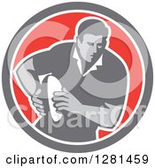 Poster, Art Print Of Retro Male Rugby Player Running In A Gray White And Red Circle