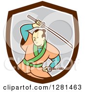 Poster, Art Print Of Cartoon Samurai Warrior Fighting With A Sword In A Brown White And Gray Shield
