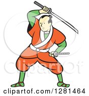 Poster, Art Print Of Cartoon Samurai Warrior Fighting With A Sword
