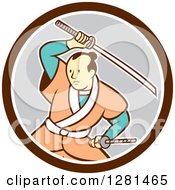 Clipart Of A Cartoon Samurai Warrior Fighting With A Sword In A Brown White And Gray Circle Royalty Free Vector Illustration