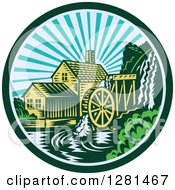 Retro Woodcut Watermill House At Sunset In A Green And Blue Circle