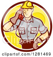 Clipart Of A Retro Cartoon Telephone Repair Man Listening To A Receiver In A Brown White And Yellow Circle Royalty Free Vector Illustration