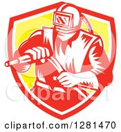 Poster, Art Print Of Retro Woodcut Sandblaster Worker In A Red White And Yellow Shield