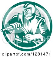 Poster, Art Print Of Retro Woodcut Sandblaster Worker In A Green White And Gray Circle