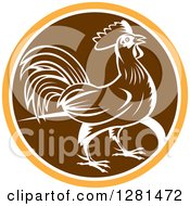 Clipart Of A Retro Profiled Woodcut Rooster In An Orange White And Brown Circle Royalty Free Vector Illustration