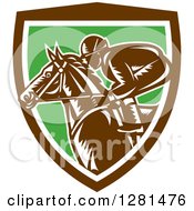 Poster, Art Print Of Retro Woodcut Horse Racing Jockey In A Brown White And Green Shield