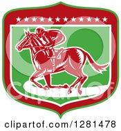 Clipart Of A Retro Woodcut Horse Racing Jockey In A Green Red And White Shield With Stars Royalty Free Vector Illustration
