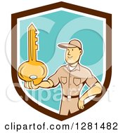 Clipart Of A Retro Cartoon Caucasian Male Locksmith Holding Out A Giant Gold Key In A Brown White And Turquoise Shield Royalty Free Vector Illustration by patrimonio