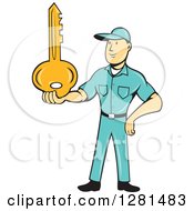 Clipart Of A Cartoon Caucasian Male Locksmith Holding A Giant Gold Key Royalty Free Vector Illustration