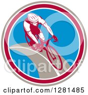Poster, Art Print Of Retro Male Cyclist In A Taupe Maroon White And Blue Circle