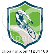 Poster, Art Print Of Retro Male Cyclist In A Blue White And Green Shield