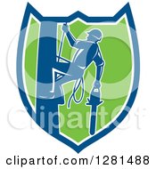 Clipart Of A Retro Silhouetted Arborist Climbing A Pole With A Chainsaw In A Blue White And Green Shield Royalty Free Vector Illustration