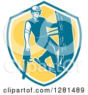 Poster, Art Print Of Retro Male Arborist Climbing A Pole With A Chainsaw In A Blue White And Yellow Shield