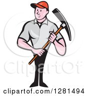 Poster, Art Print Of Cartoon Male Construction Worker Holding A Pickaxe