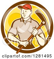 Retro Cartoon Male Construction Worker Holding A Pickaxe In A Brown White And Yellow Circle