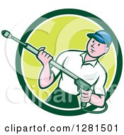 Clipart Of A Cartoon Male Pressure Washer In A Green And White Circle Royalty Free Vector Illustration