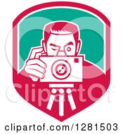 Poster, Art Print Of Retro Male Photographer Taking Pictures On A Tripod In A Pink White And Turquoise Shield