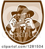 Poster, Art Print Of Retro Male Photographer Or Detective Taking Pictures In A Brown And White Shield